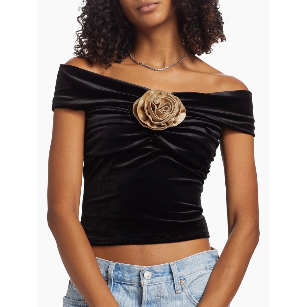 Reformation Emerald Off-The-Shoulder Stretch Velvet Blouse With Rosette Black XS